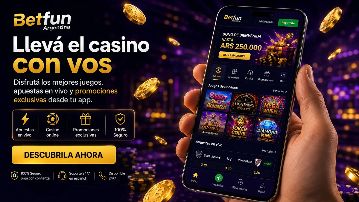 Aplicación móvil de Betfun abierta en un smartphone sostenido en la mano