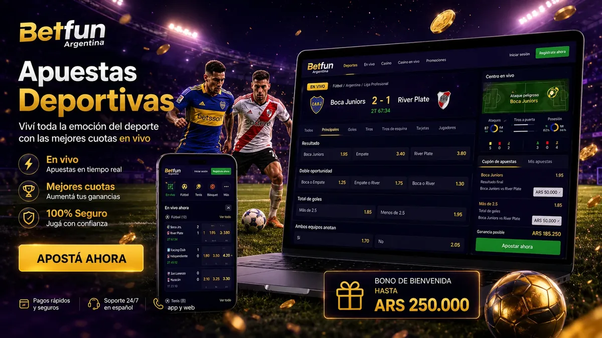 Sportsbook de Betfun con un partido de fútbol argentino y cuotas en vivo