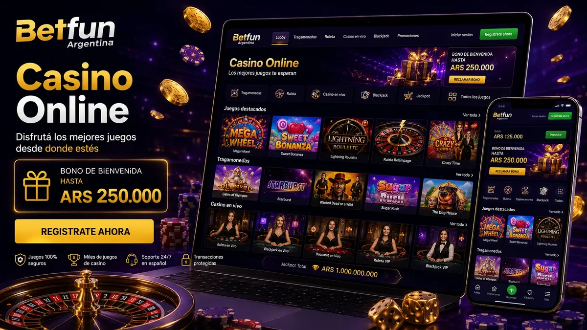 Casino online de Betfun mostrado en laptop y celular con el lobby completo